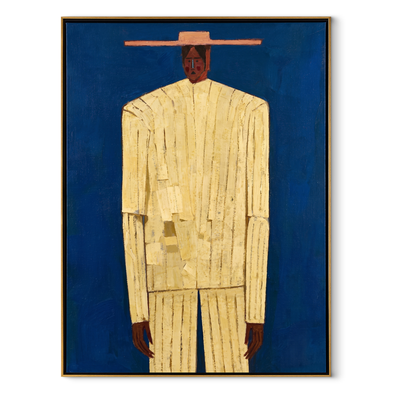 Cobalt Holds Cream Figure – Cream Portrait Blue Ground Painting | Mid-Century Modern Vertical Wall Art