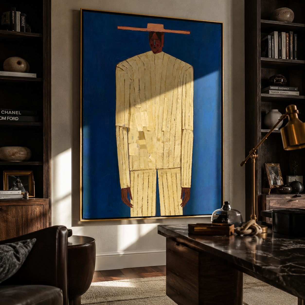 Cobalt Holds Cream Figure styled in a layered residential interior
