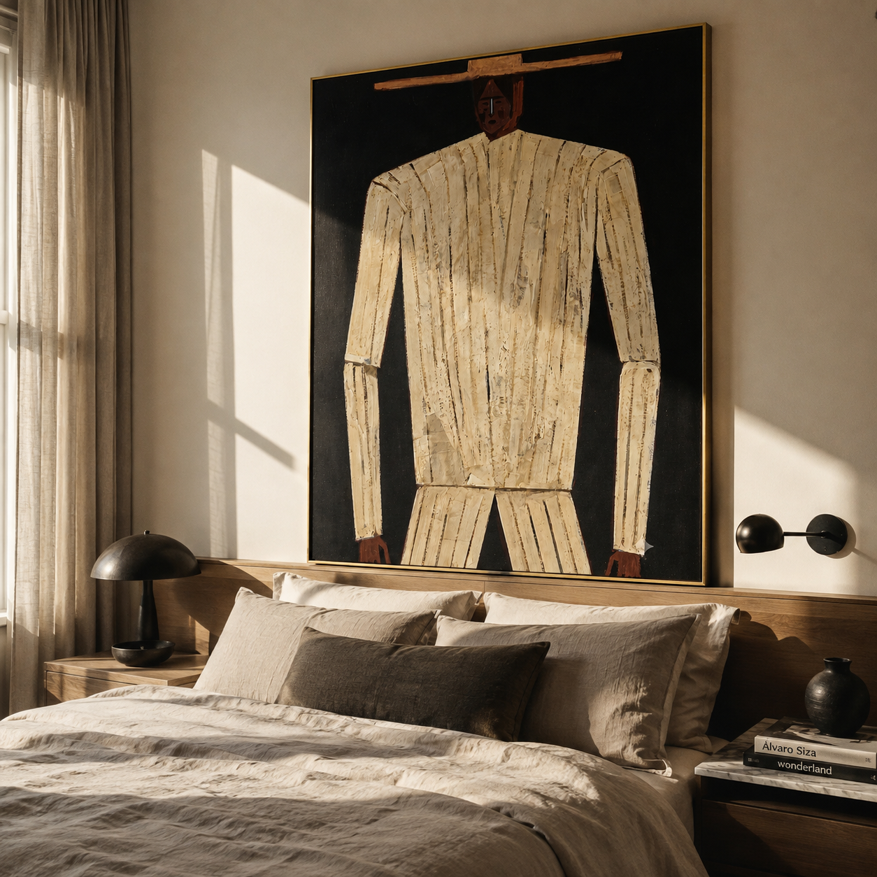 Cream Figure Emerges Night styled in a layered residential interior