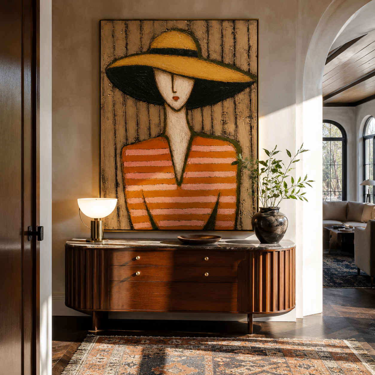 Golden Shade Meets Coral displayed in a warm contemporary interior