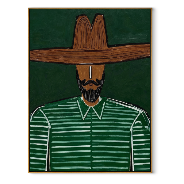 Green Stripes Hold Ground – Green Shirt Bearded Figure Painting | Mid-Century Modern Vertical Wall Art