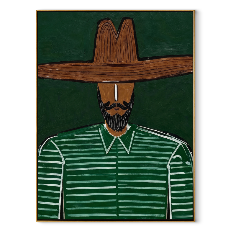 Green Stripes Hold Ground – Green Shirt Bearded Figure Painting | Mid-Century Modern Vertical Wall Art