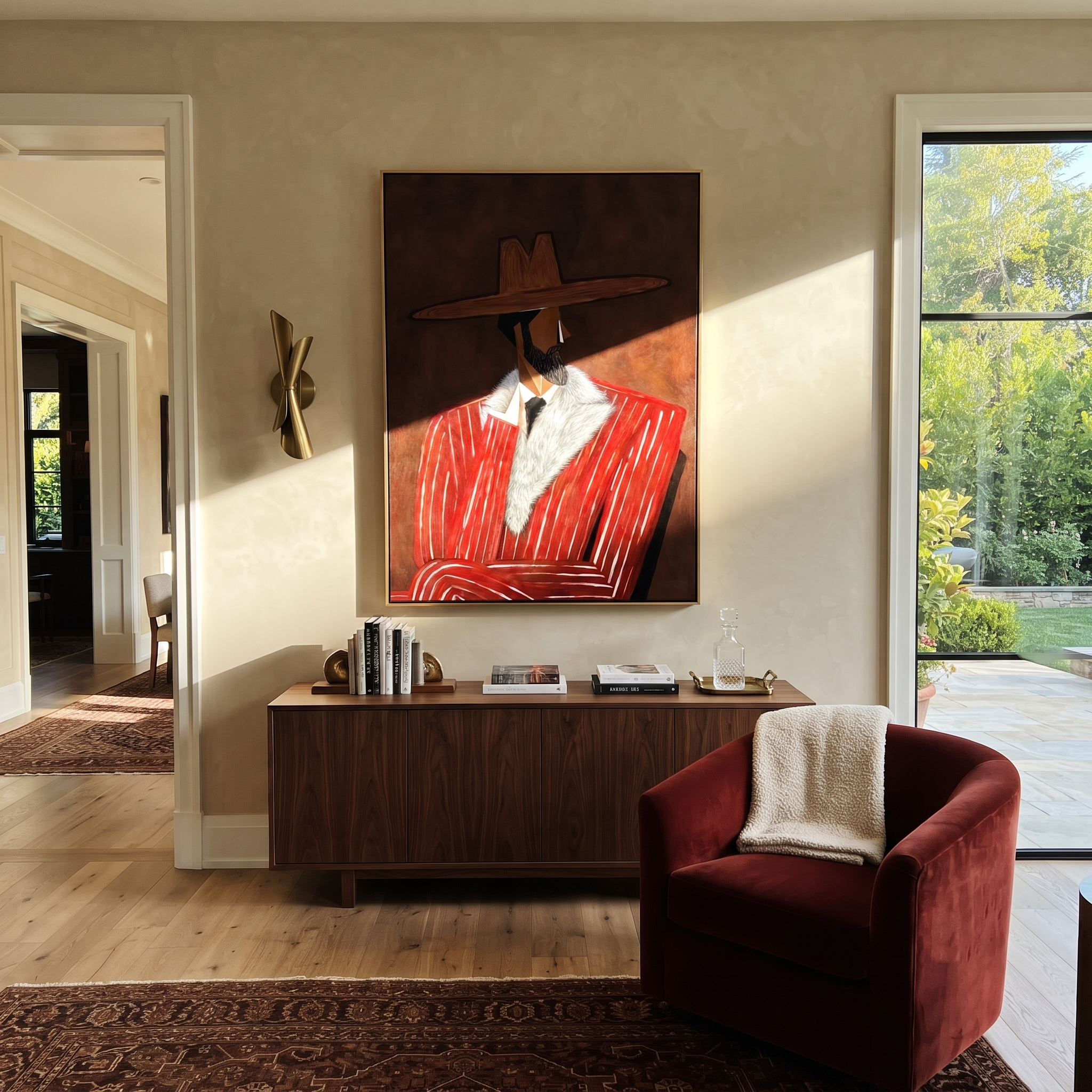 Fur Collar Meets Crimson presented above a contemporary console