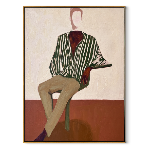 Green Stripes at Dusk – Seated Striped Figure Painting | Mid-Century Modern Vertical Wall Art