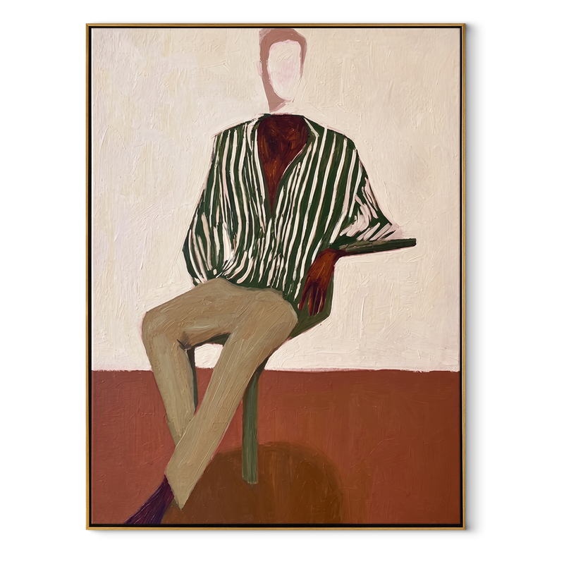 Green Stripes at Dusk – Seated Striped Figure Painting | Mid-Century Modern Vertical Wall Art