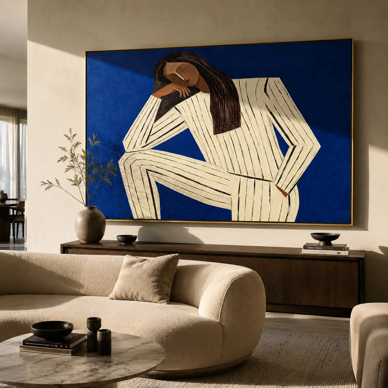 Blue Silence Leans Inward displayed in a warm contemporary interior