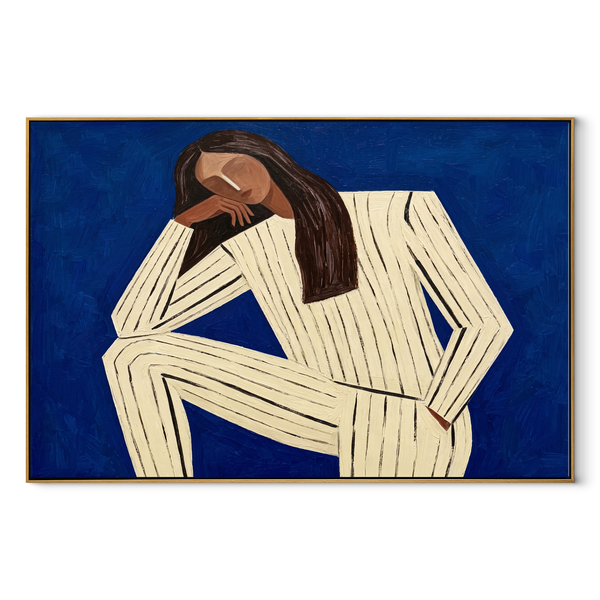 Blue Silence Leans Inward – Reclining Ivory Figure Painting | Mid-Century Modern Horizontal Wall Art