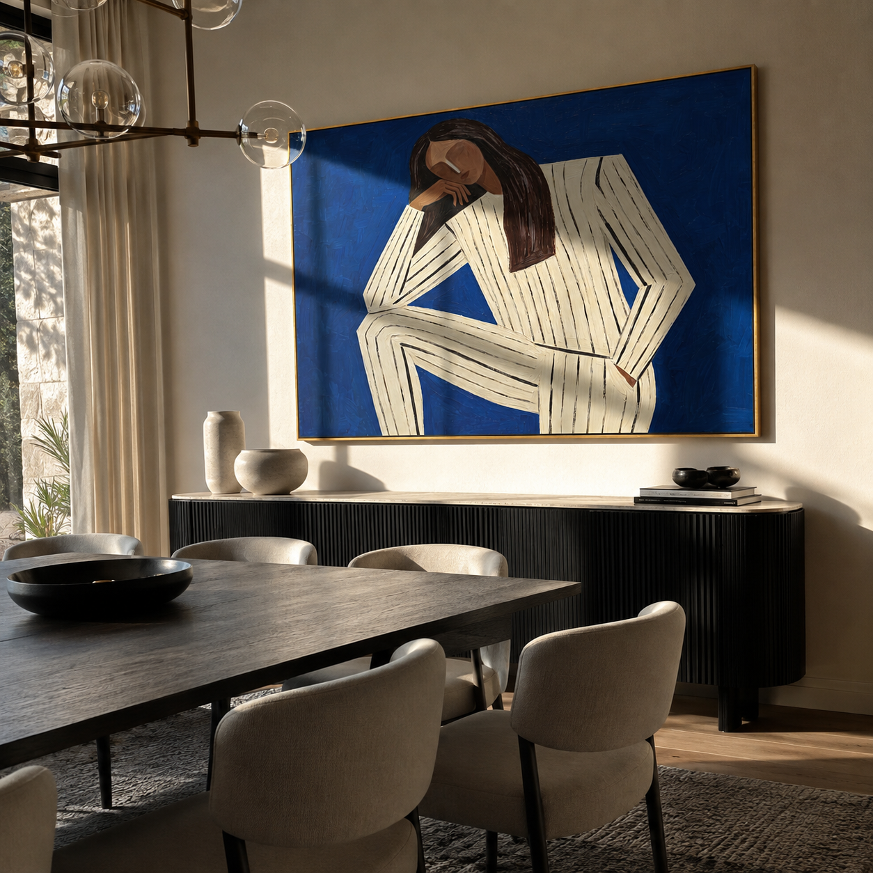 Blue Silence Leans Inward styled with neutral modern furnishings