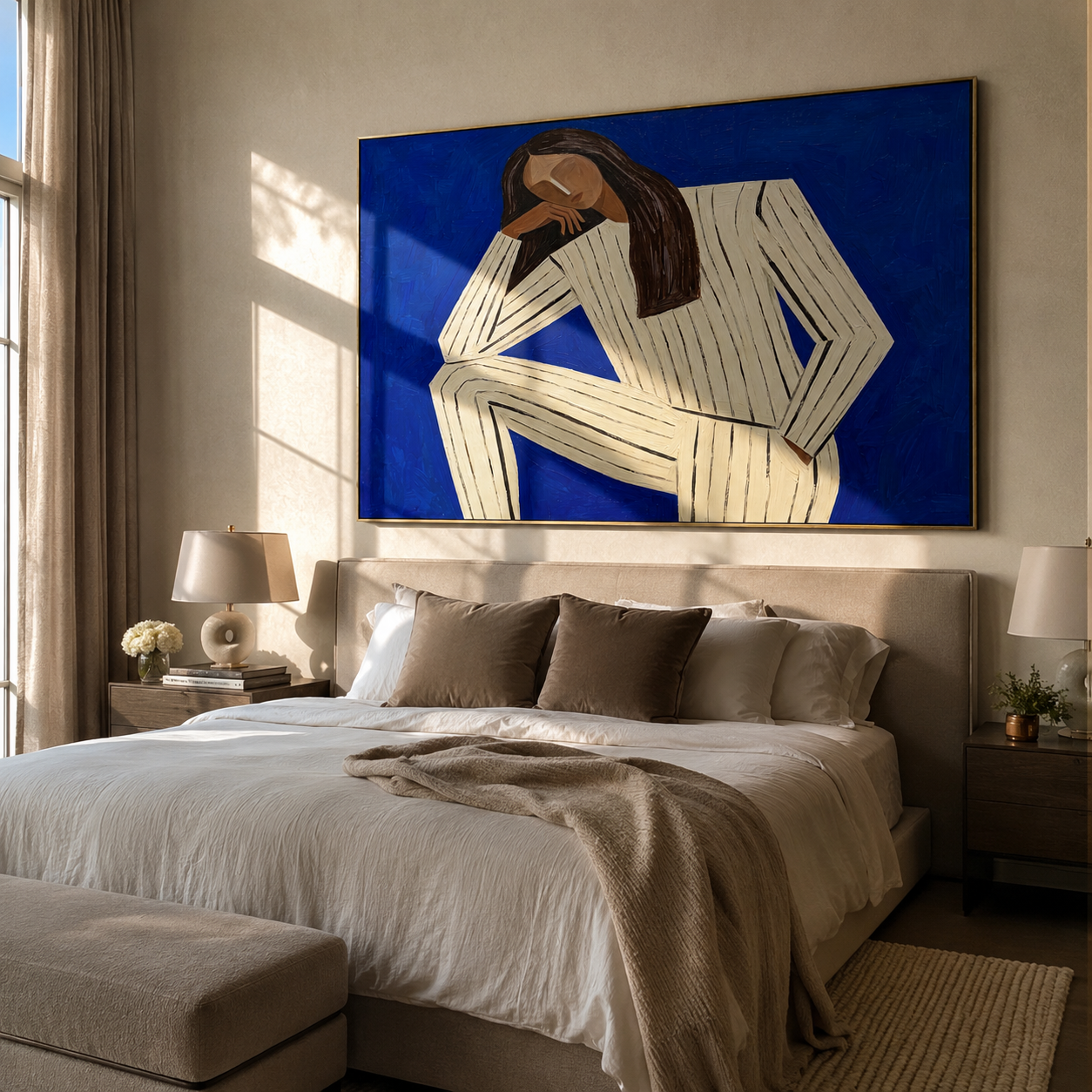 Blue Silence Leans Inward presented above a contemporary console