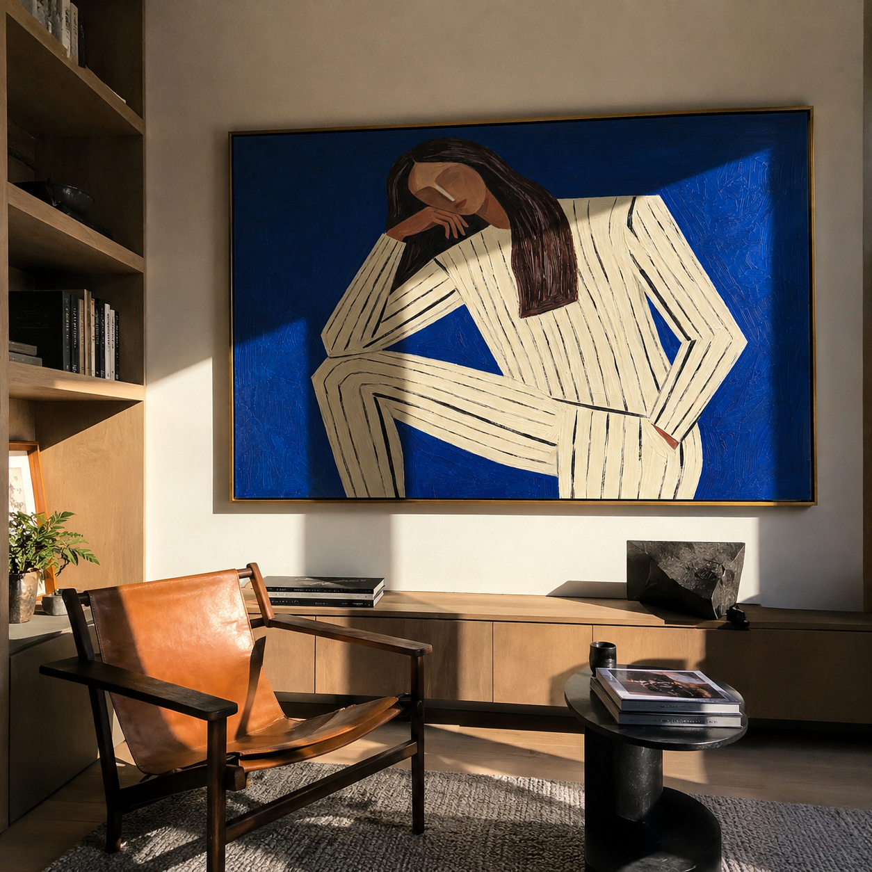 Blue Silence Leans Inward styled in a layered residential interior