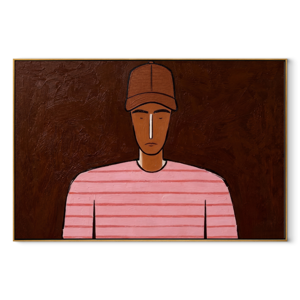 Pink Lines Face Umber – Pink Striped Portrait Painting | Mid-Century Modern Horizontal Wall Art