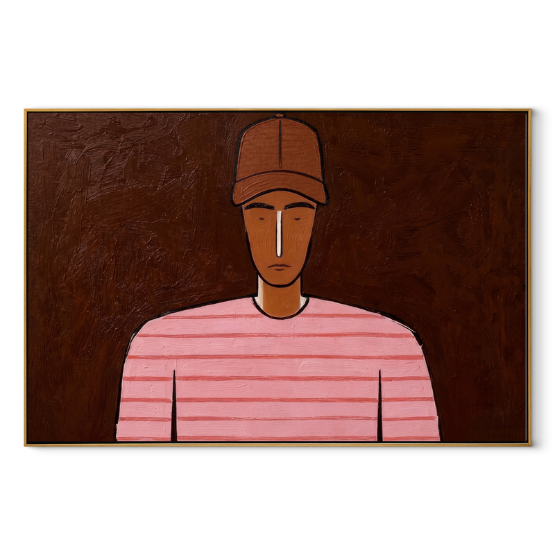 Pink Lines Face Umber – Pink Striped Portrait Painting | Mid-Century Modern Horizontal Wall Art