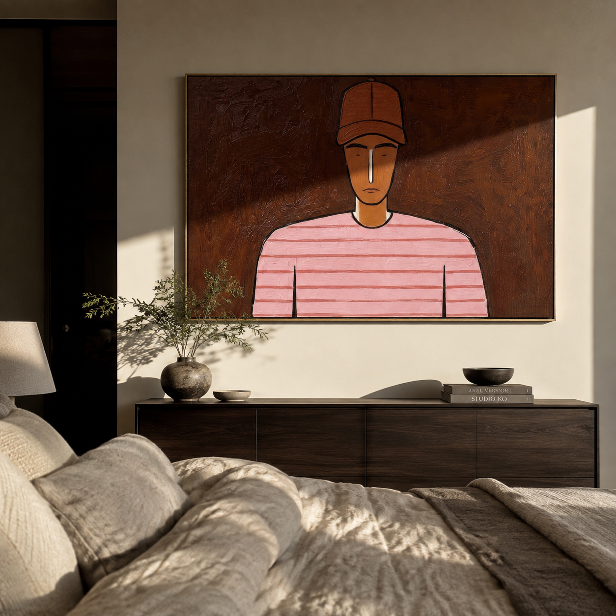 Pink Lines Face Umber styled in a layered residential interior