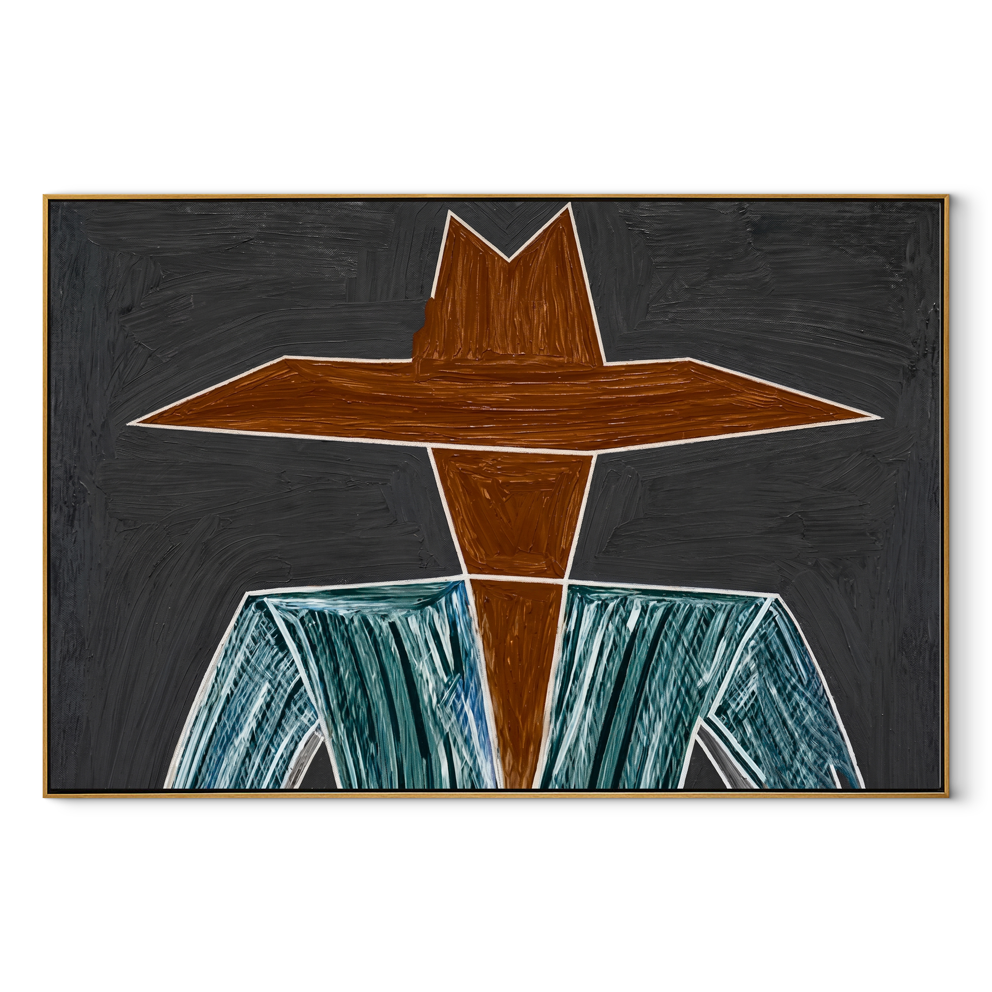 Brown Brim Cuts Charcoal abstract figurative textured painting, horizontal canvas artwork