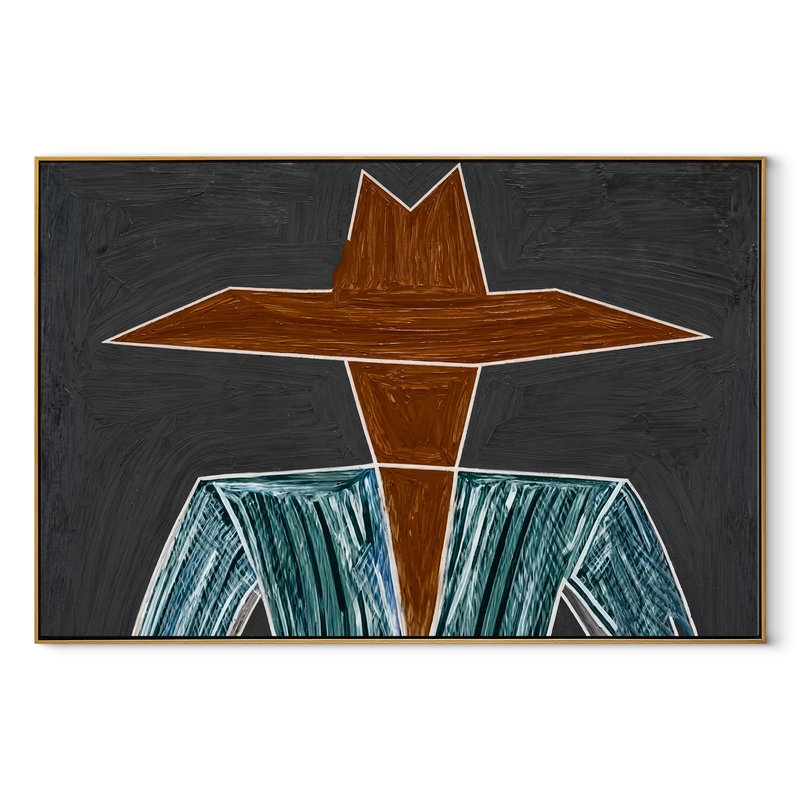 Brown Brim Cuts Charcoal – Wide Hat Striped Figure Painting | Mid-Century Modern Horizontal Wall Art