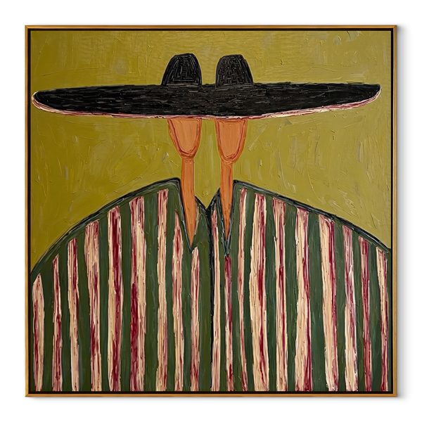 Black Horizon Meets Moss – Wide Brim Stripe Portrait Painting | Mid-Century Modern Square Wall Art