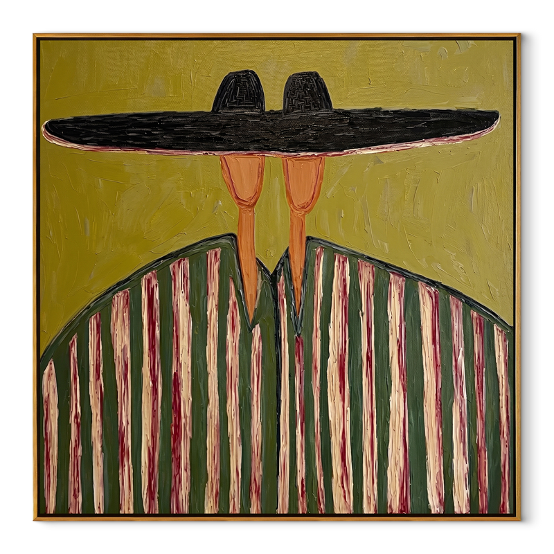 Black Horizon Meets Moss – Wide Brim Stripe Portrait Painting | Mid-Century Modern Square Wall Art
