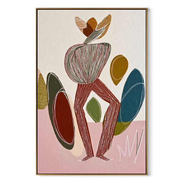 Color Stones Gather Quietly – Abstract Seated Figure Painting | Mid-Century Modern Vertical Wall Art