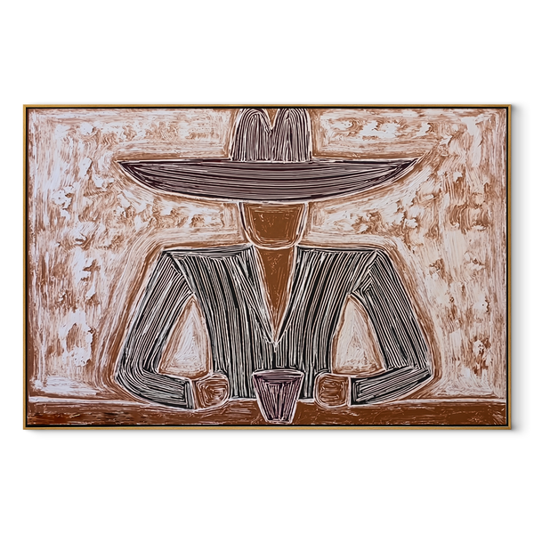Two Cups Hold Earth – Rustic Hat Figure with Cups Painting | Mid-Century Modern Horizontal Wall Art
