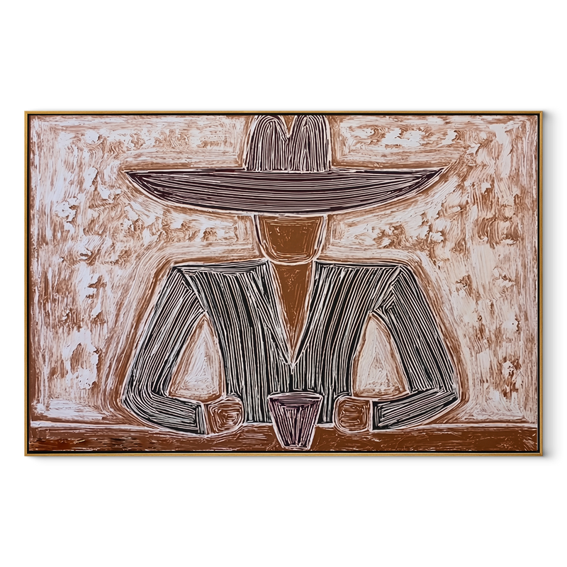 Two Cups Hold Earth – Rustic Hat Figure with Cups Painting | Mid-Century Modern Horizontal Wall Art