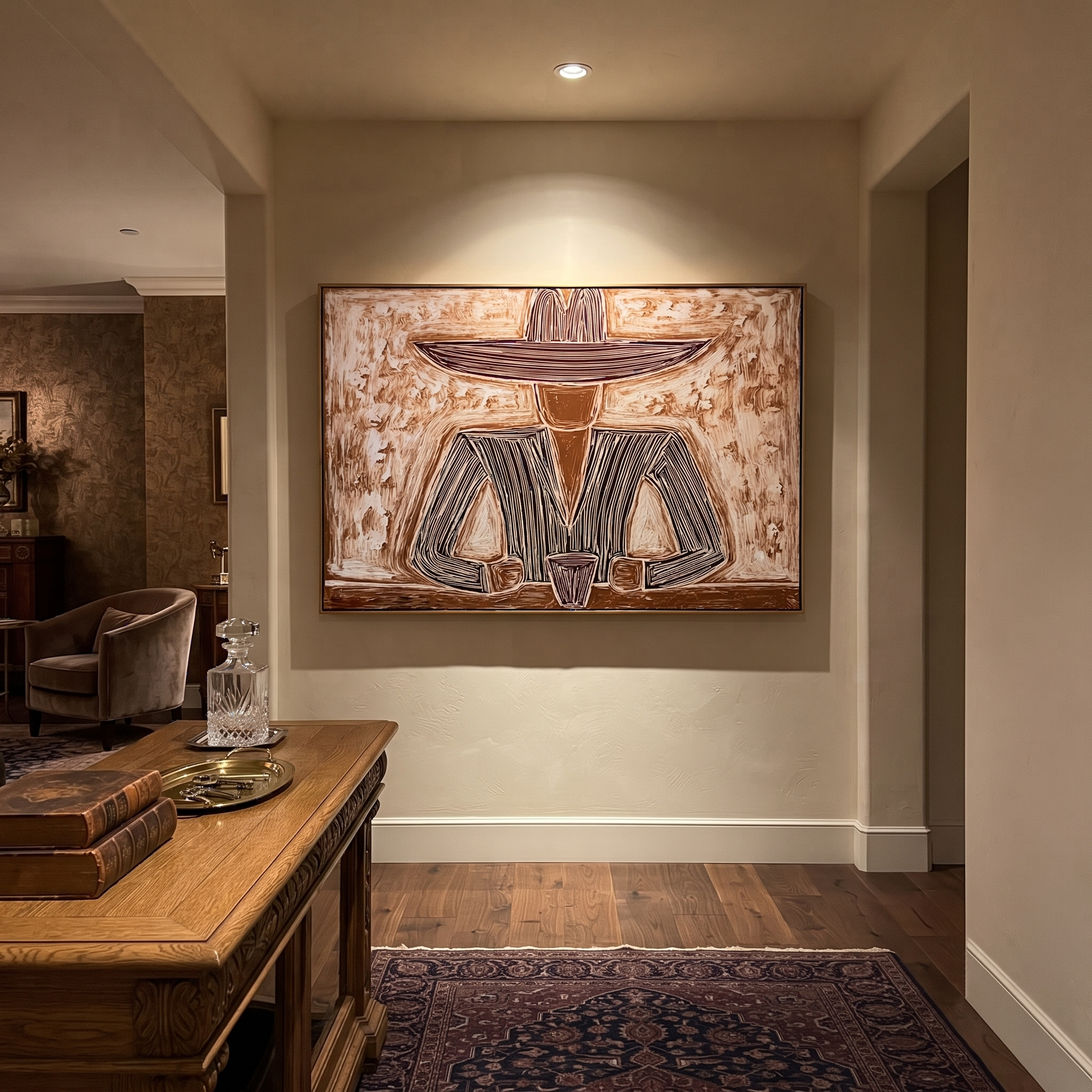Two Cups Hold Earth presented above a contemporary console