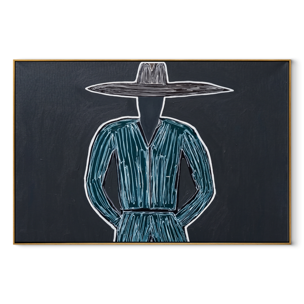 Blue Lines Guard Midnight – Blue Robe Hat Figure Painting | Mid-Century Modern Horizontal Wall Art