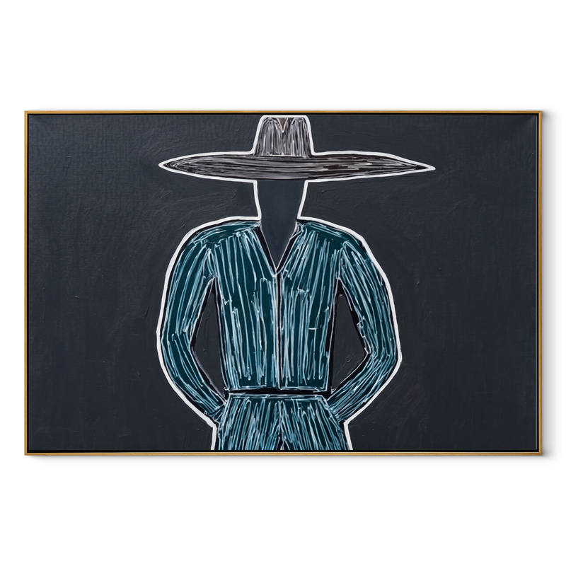 Blue Lines Guard Midnight – Blue Robe Hat Figure Painting | Mid-Century Modern Horizontal Wall Art