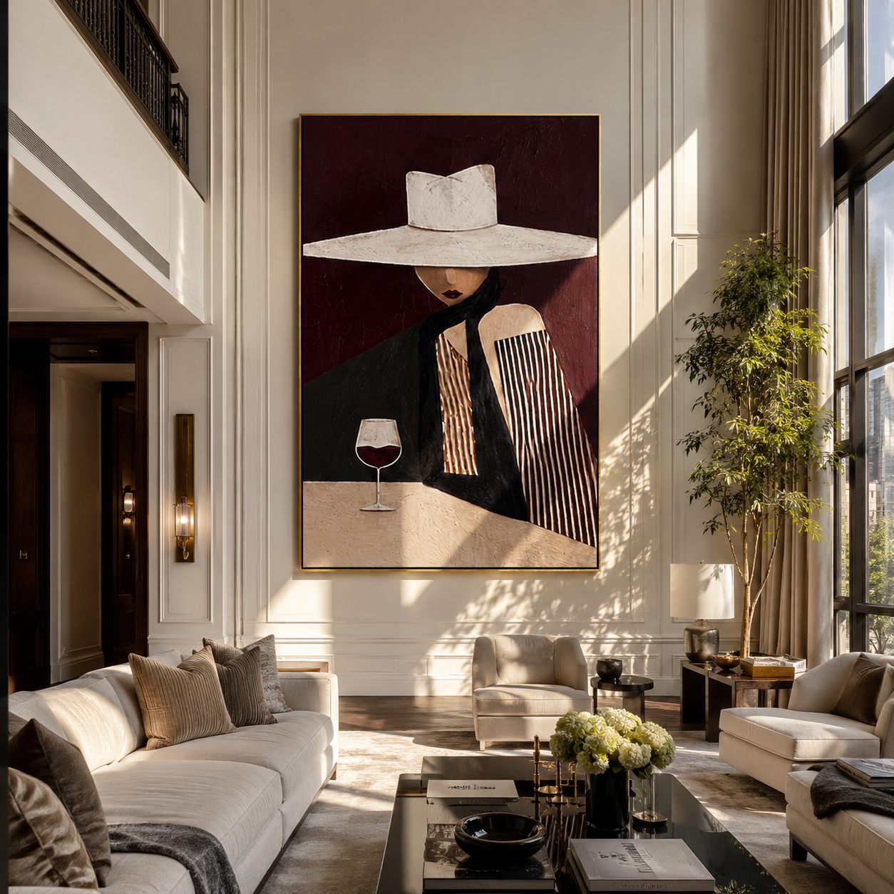 White Brim Keeps Wine styled with neutral modern furnishings