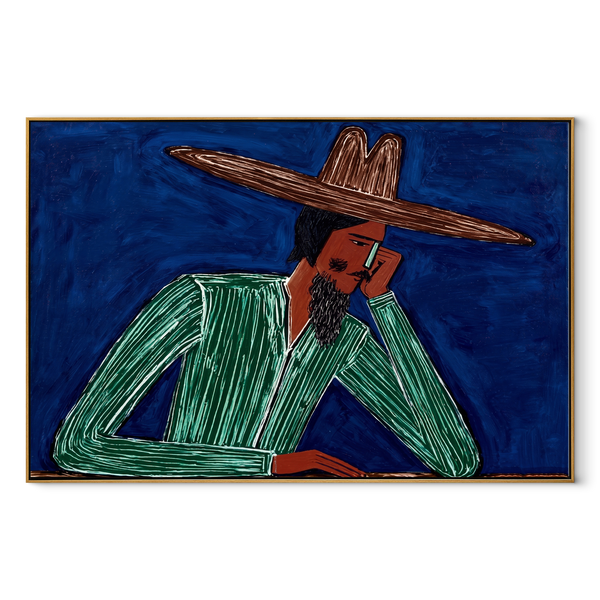 Cobalt Thought Rests Green – Reclining Green Hat Figure Painting | Mid-Century Modern Horizontal Wall Art