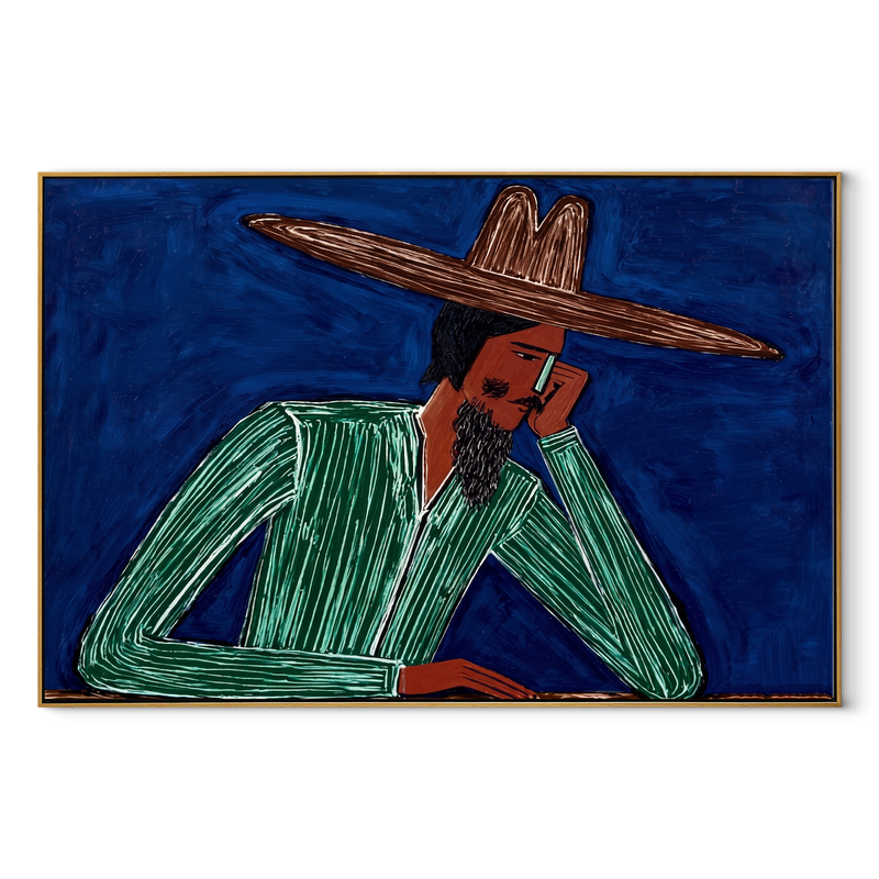 Cobalt Thought Rests Green – Reclining Green Hat Figure Painting | Mid-Century Modern Horizontal Wall Art