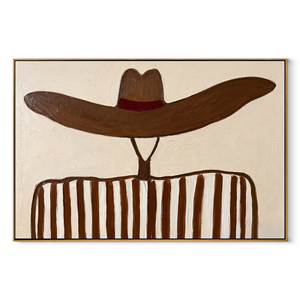 Brown Waves Hide Face – Undulating Hat Portrait Painting | Mid-Century Modern Horizontal Wall Art