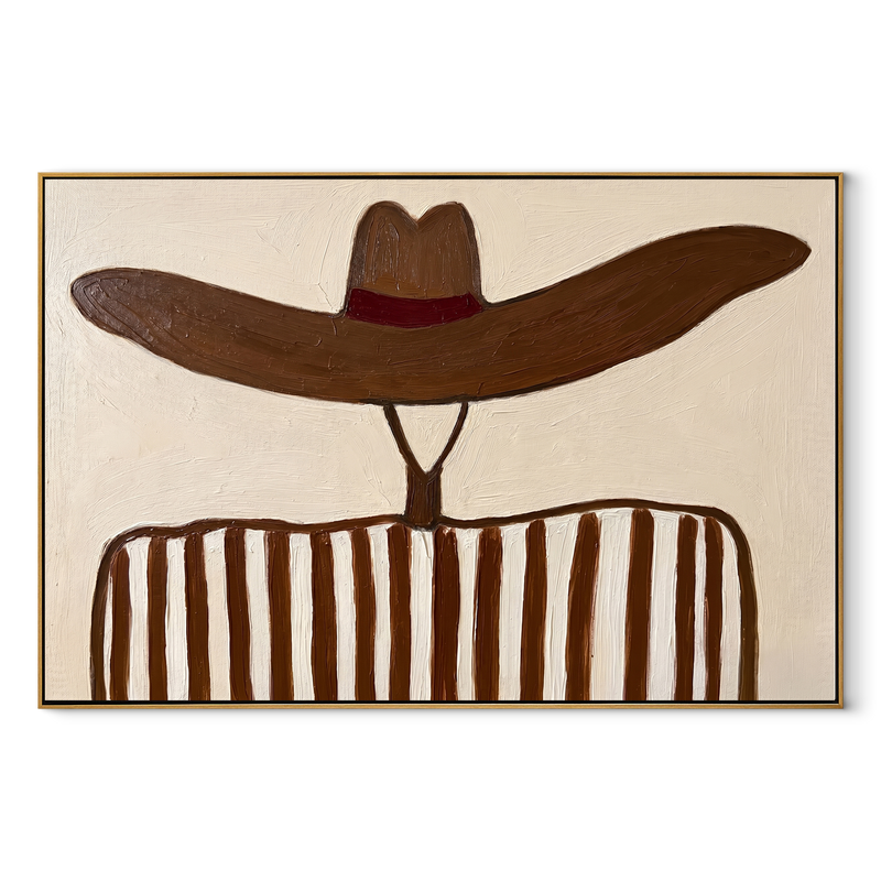 Brown Waves Hide Face – Undulating Hat Portrait Painting | Mid-Century Modern Horizontal Wall Art