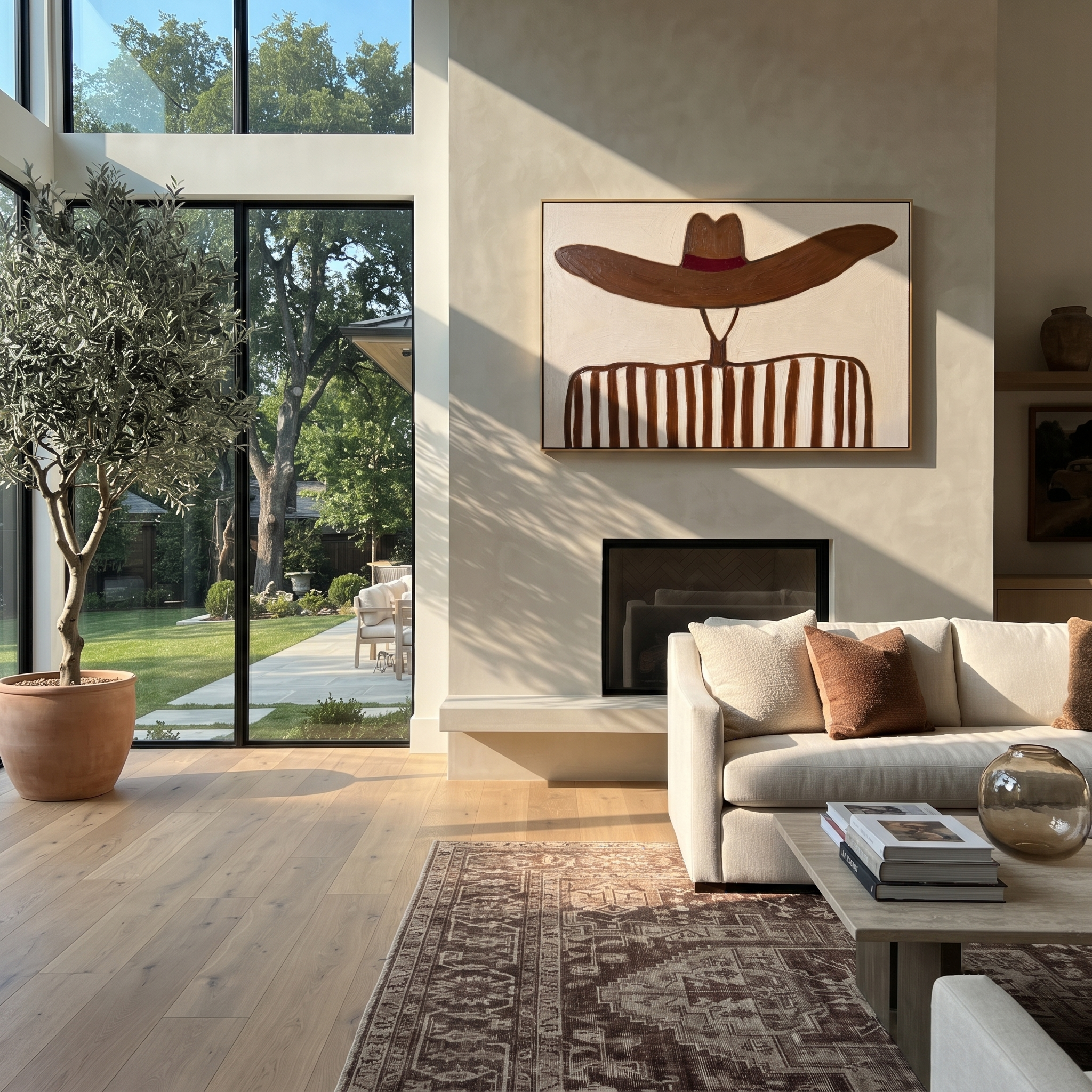 Brown Waves Hide Face presented above a contemporary console