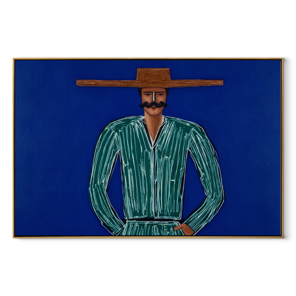 Green Lines Hold Cobalt – Mustached Green Figure Painting | Mid-Century Modern Horizontal Wall Art