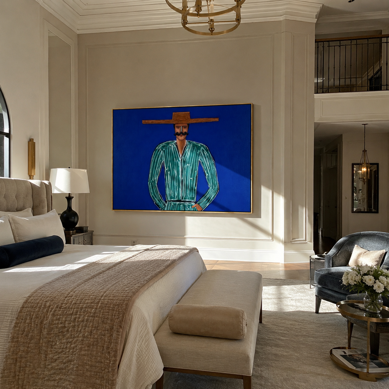 Green Lines Hold Cobalt presented above a contemporary console