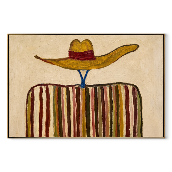 Golden Brim Floats Ivory – Striped Wide Hat Portrait Painting | Mid-Century Modern Horizontal Wall Art