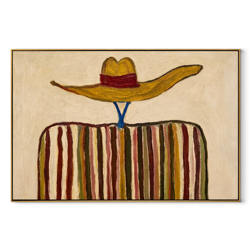 Golden Brim Floats Ivory – Striped Wide Hat Portrait Painting | Mid-Century Modern Horizontal Wall Art