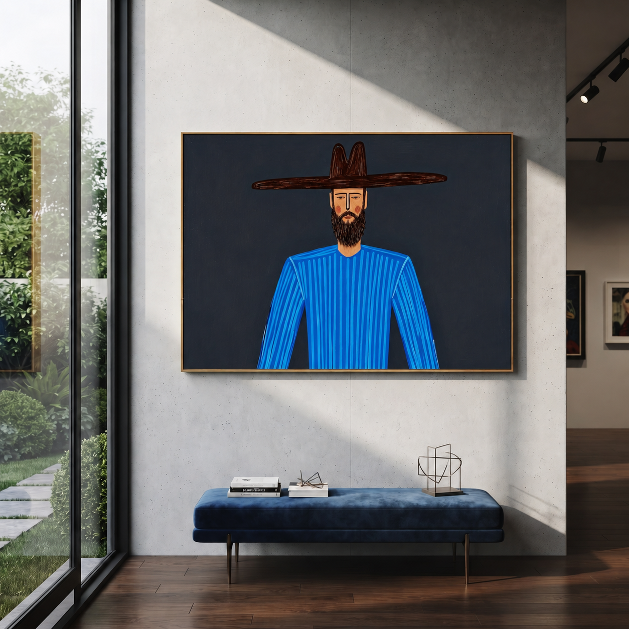 Blue Lines Meet Midnight displayed in a warm contemporary interior