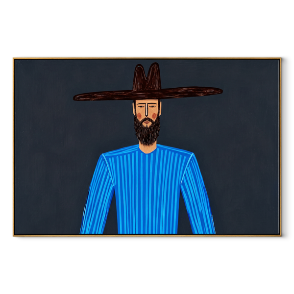 Blue Lines Meet Midnight – Bearded Blue Figure Painting | Mid-Century Modern Horizontal Wall Art