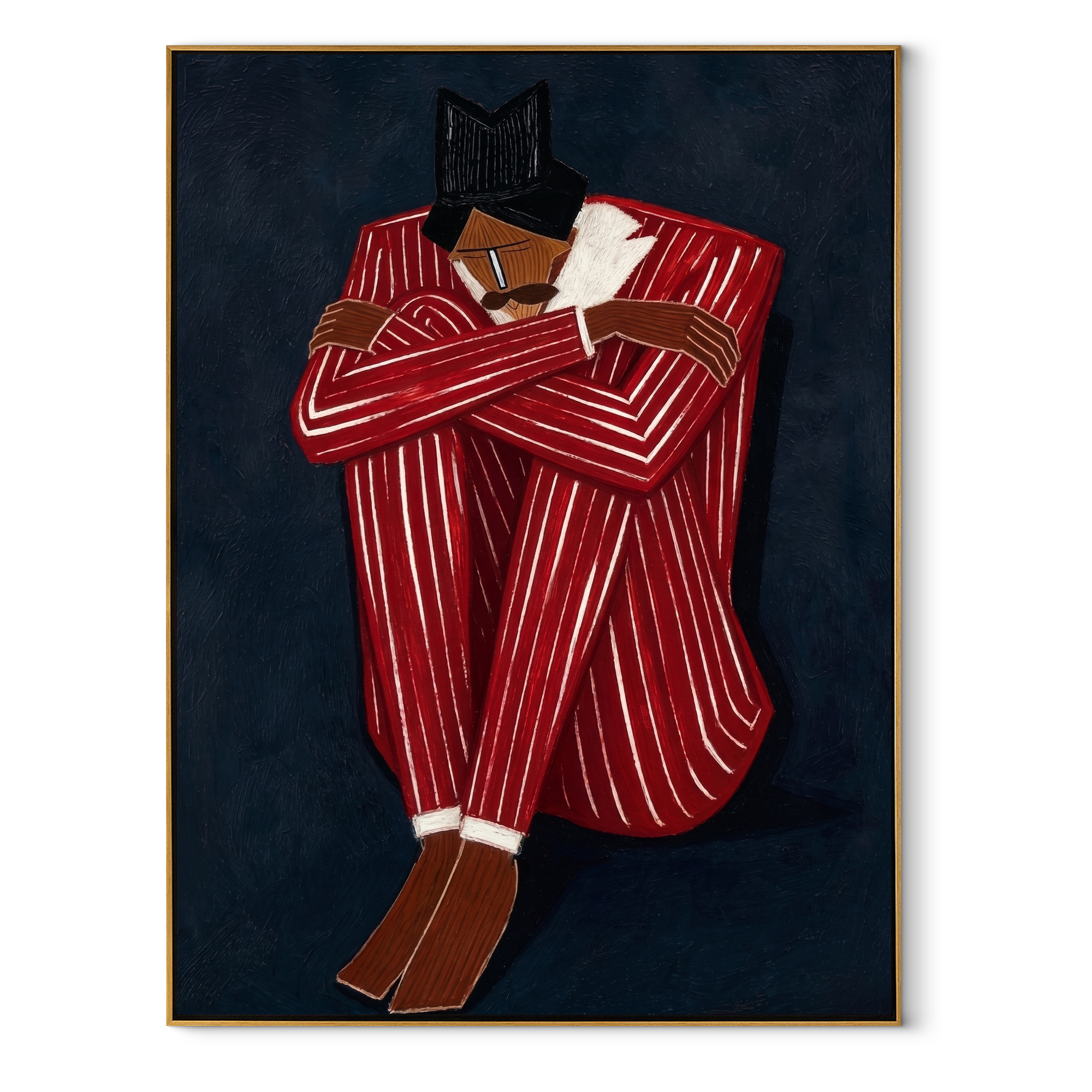 Crimson Stripes Embrace Night abstract figurative textured painting, vertical canvas artwork