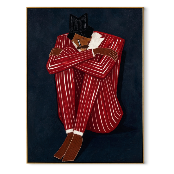Crimson Stripes Embrace Night – Red Suit Reclining Figure Painting | Mid-Century Modern Vertical Wall Art