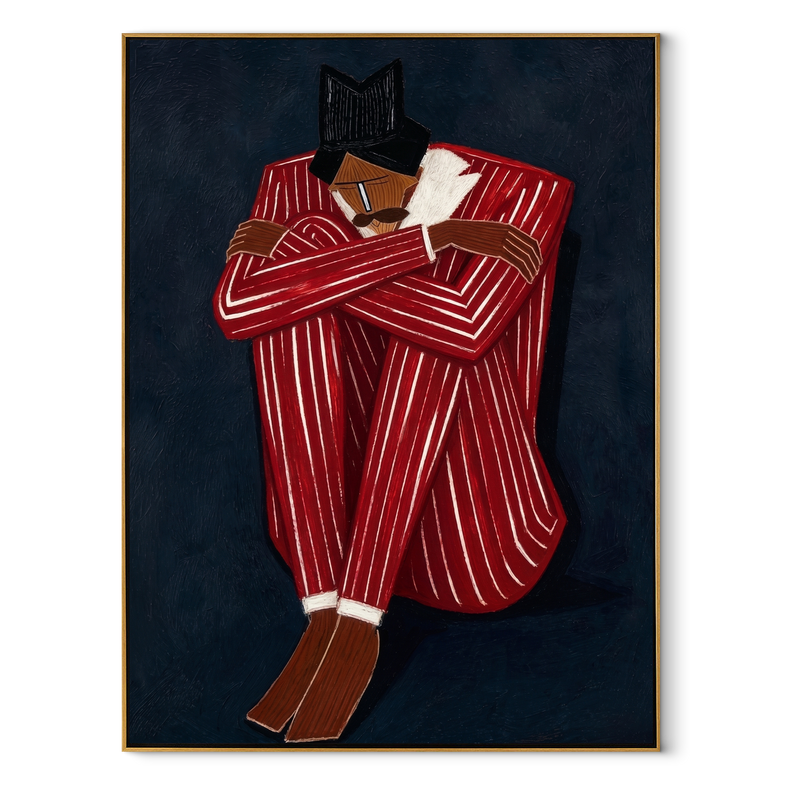 Crimson Stripes Embrace Night – Red Suit Reclining Figure Painting | Mid-Century Modern Vertical Wall Art