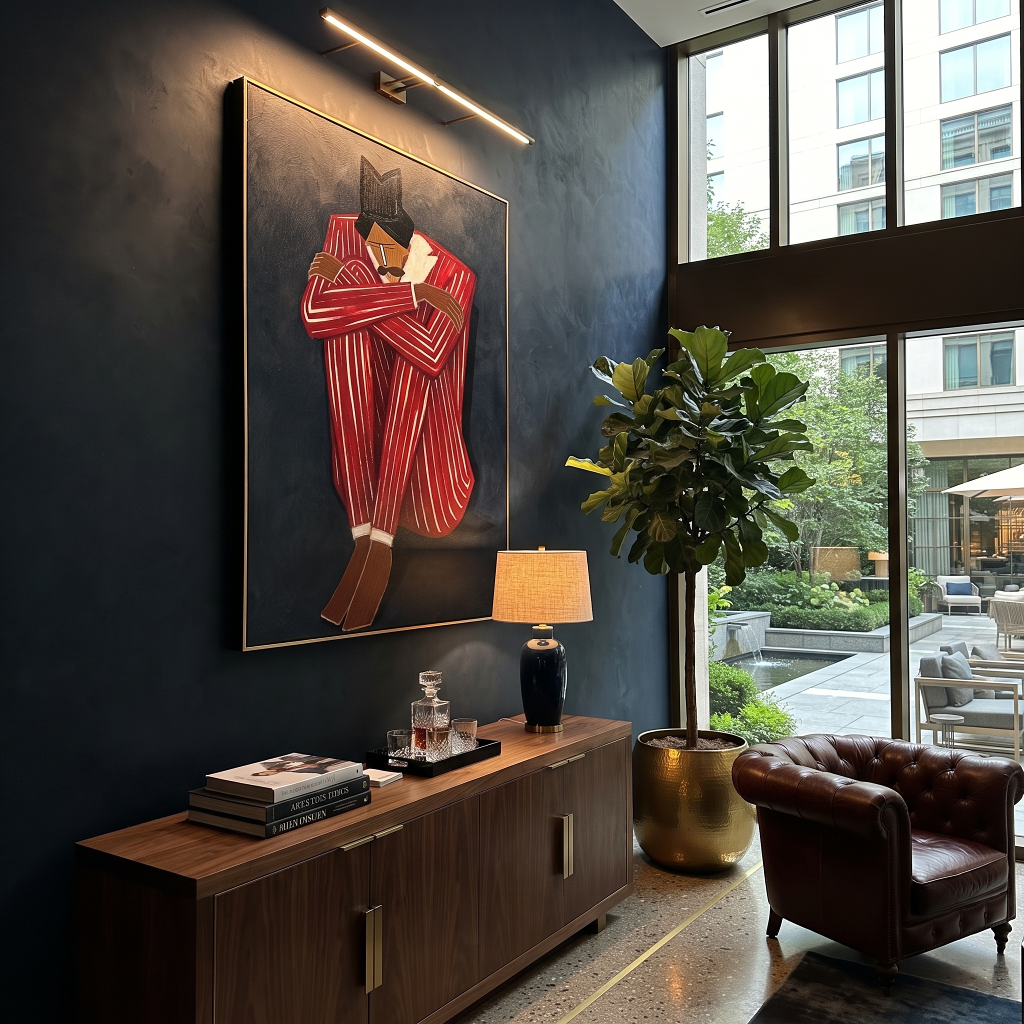 Crimson Stripes Embrace Night presented above a contemporary console
