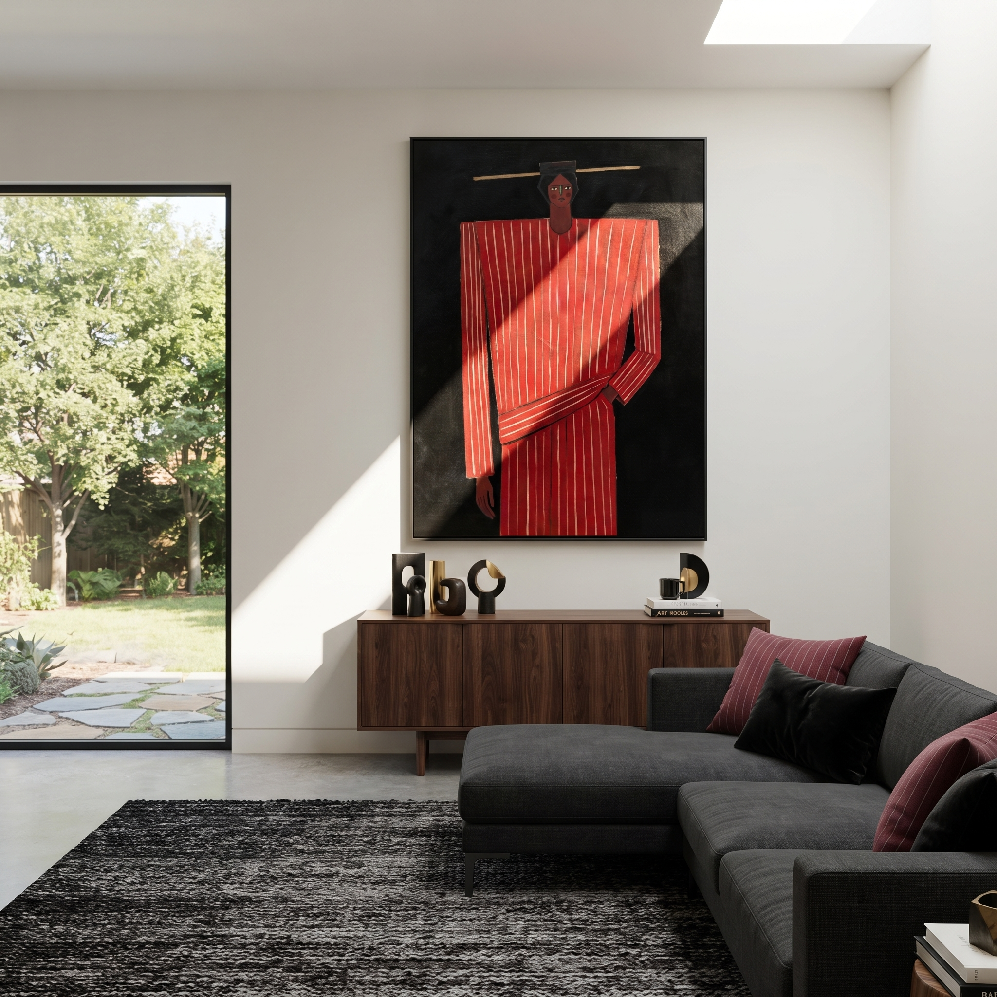 Scarlet Column Holds Still displayed in a warm contemporary interior