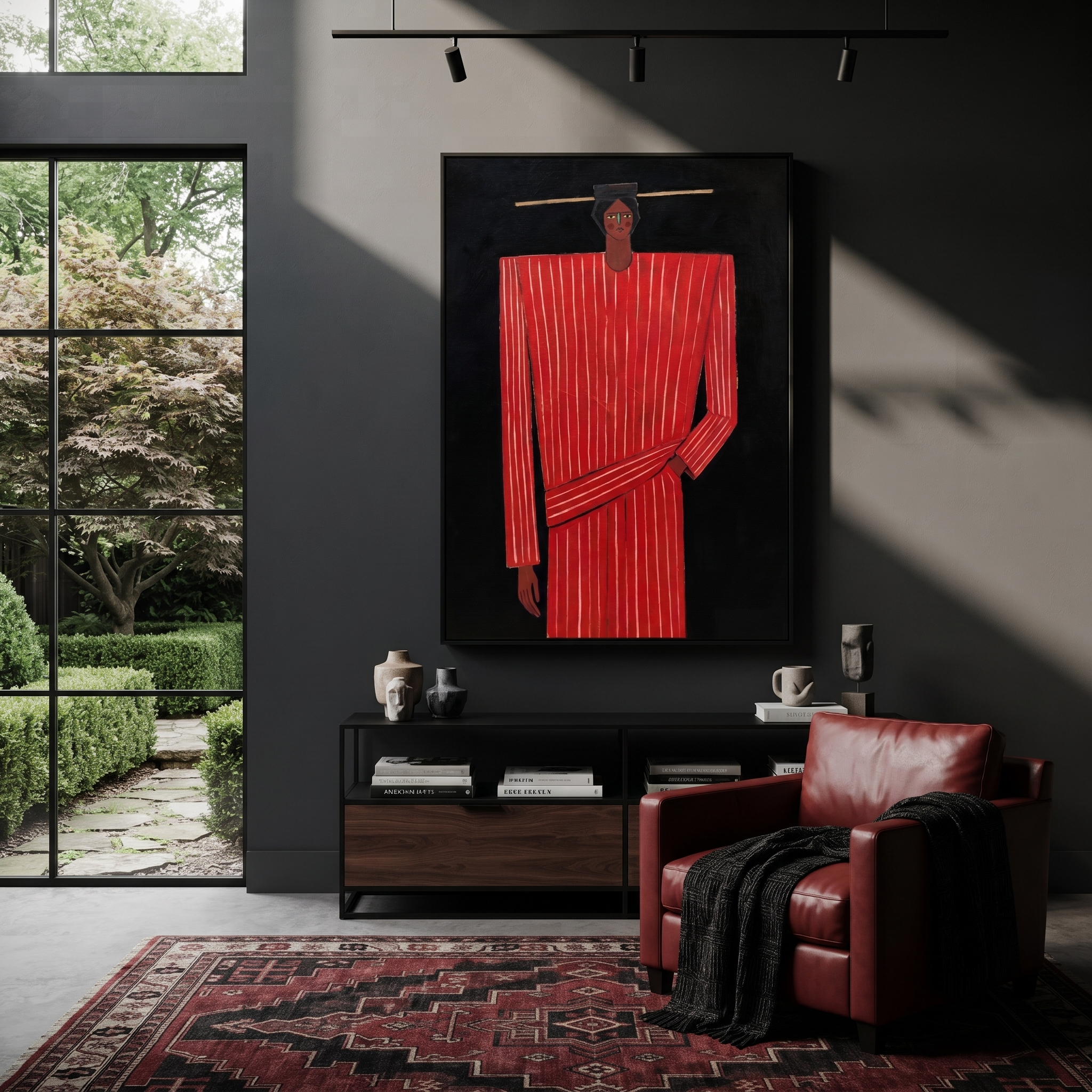 Scarlet Column Holds Still presented above a contemporary console