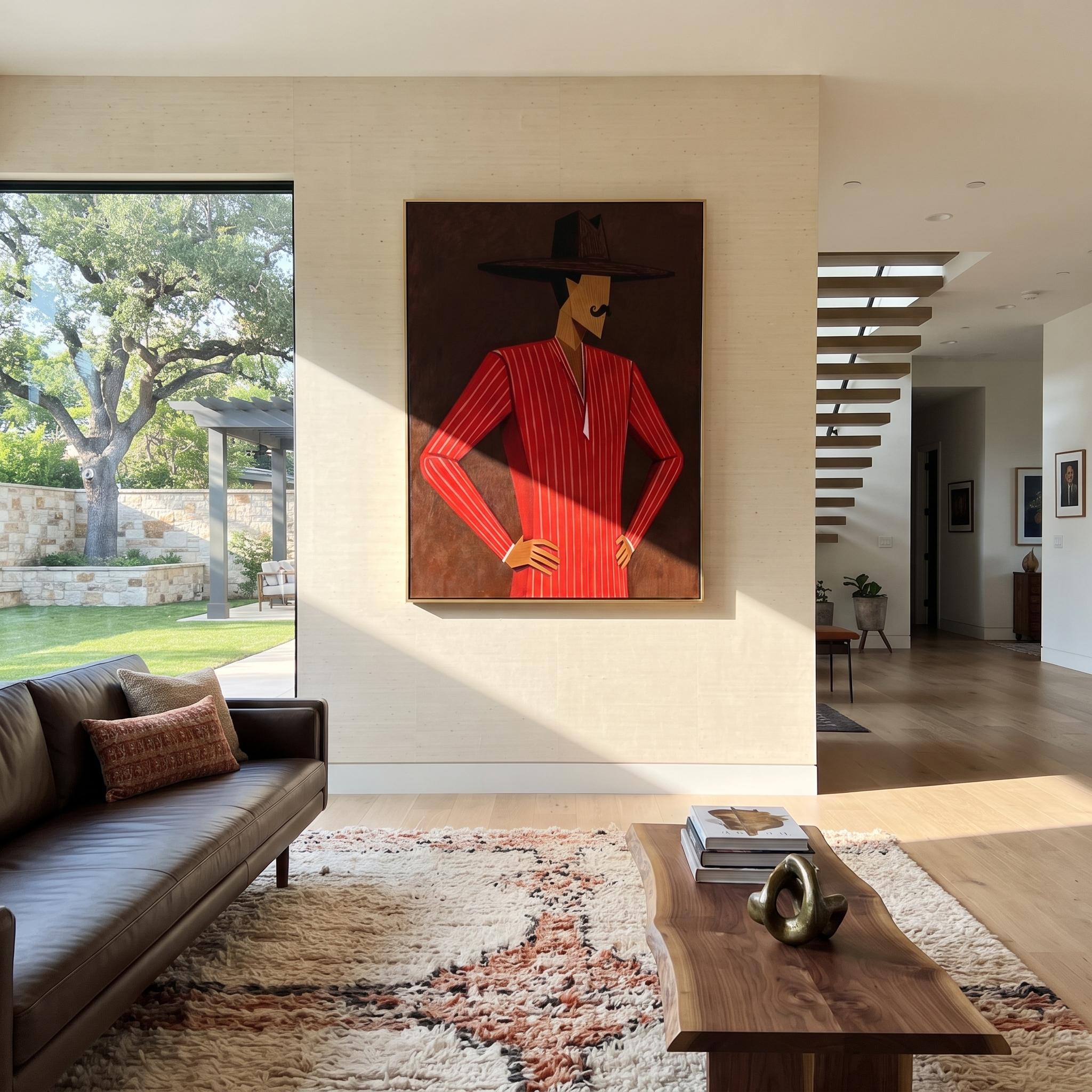 Scarlet Angles Take Stance displayed in a warm contemporary interior