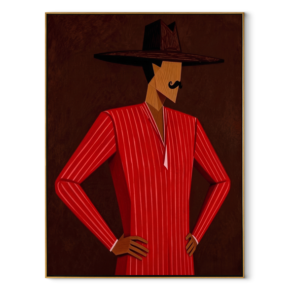 Scarlet Angles Take Stance – Red Suit Profile Figure Painting | Mid-Century Modern Vertical Wall Art