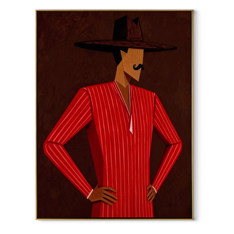 Scarlet Angles Take Stance – Red Suit Profile Figure Painting | Mid-Century Modern Vertical Wall Art