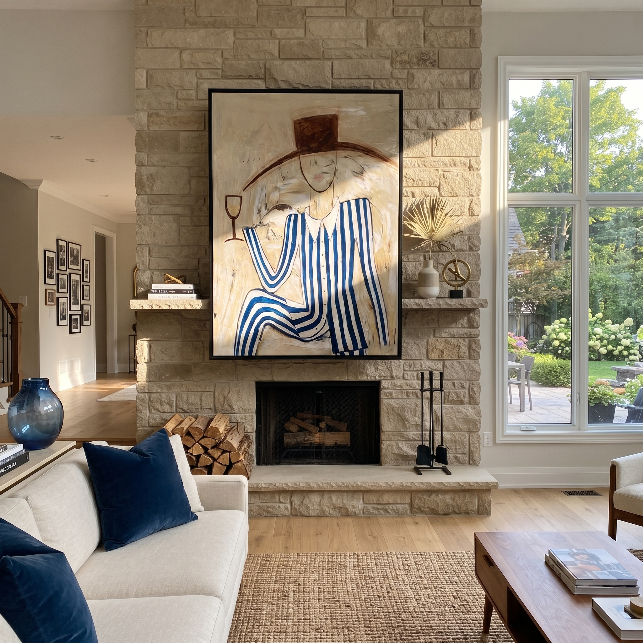 Blue Stripes Raise Glass displayed in a warm contemporary interior