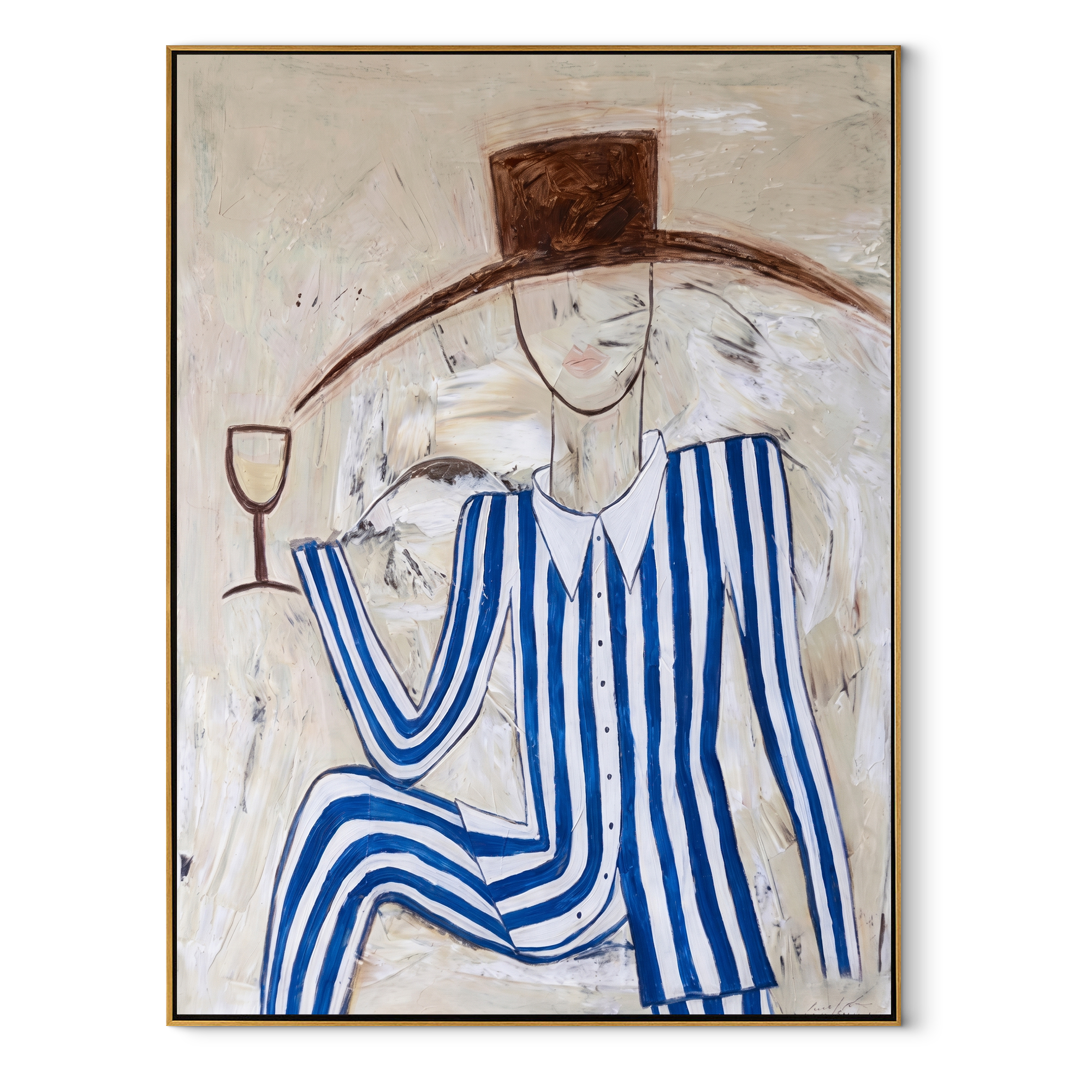 Blue Stripes Raise Glass abstract figurative textured painting, vertical canvas artwork
